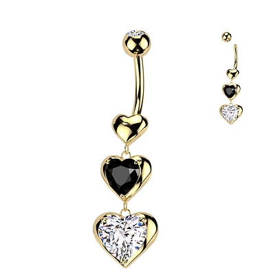 316L Surgical Steel Gold PVD Black & White CZ Heart Dangle Belly Ring