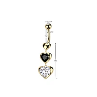 316L Surgical Steel Gold PVD Black & White CZ Heart Dangle Belly Ring