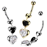 316L Surgical Steel Black & White CZ Heart Dangle Belly Ring