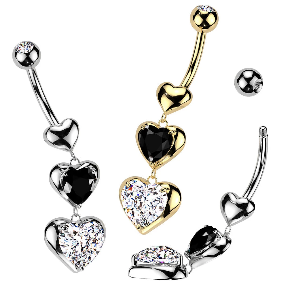 316L Surgical Steel Gold PVD Black & White CZ Heart Dangle Belly Ring