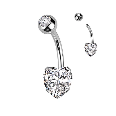 316L Surgical Steel White CZ Heart Shaped Non Dangle Belly Ring