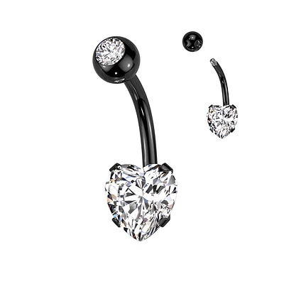 316L Surgical Steel Black PVD White CZ Heart Shaped Non Dangle Belly Ring