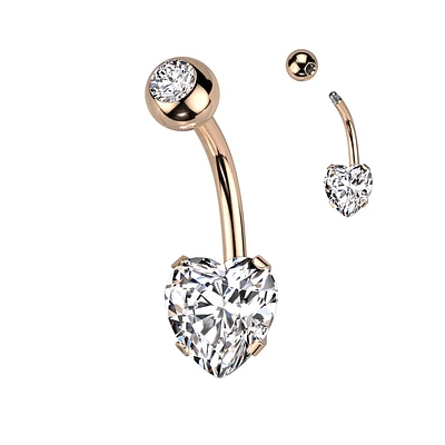 316L Surgical Steel Rose Gold PVD White CZ Heart Shaped Non Dangle Belly Ring