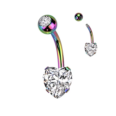 316L Surgical Steel Rainbow PVD White CZ Heart Shaped Non Dangle Belly Ring