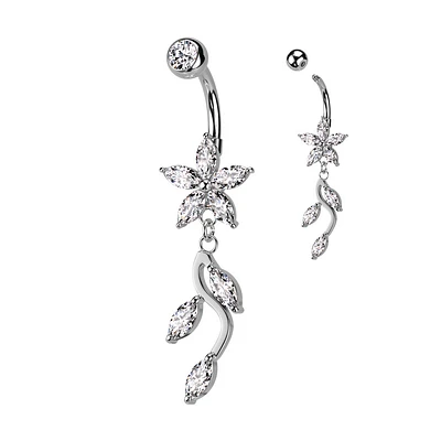 316L Surgical Steel White CZ Flower Vine Dangle Belly Ring