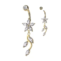 316L Surgical Steel Gold PVD White CZ Flower Vine Dangle Belly Ring