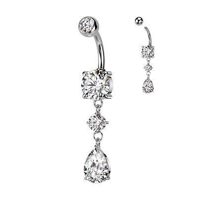 316L Surgical Steel White CZ Circle Teardrop Dangle Belly Ring