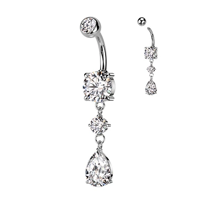 316L Surgical Steel White CZ Circle Teardrop Dangle Belly Ring