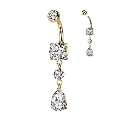 316L Surgical Steel Gold PVD White CZ Circle Teardrop Dangle Belly Ring