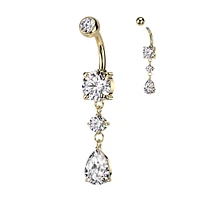 316L Surgical Steel Gold PVD White CZ Circle Teardrop Dangle Belly Ring