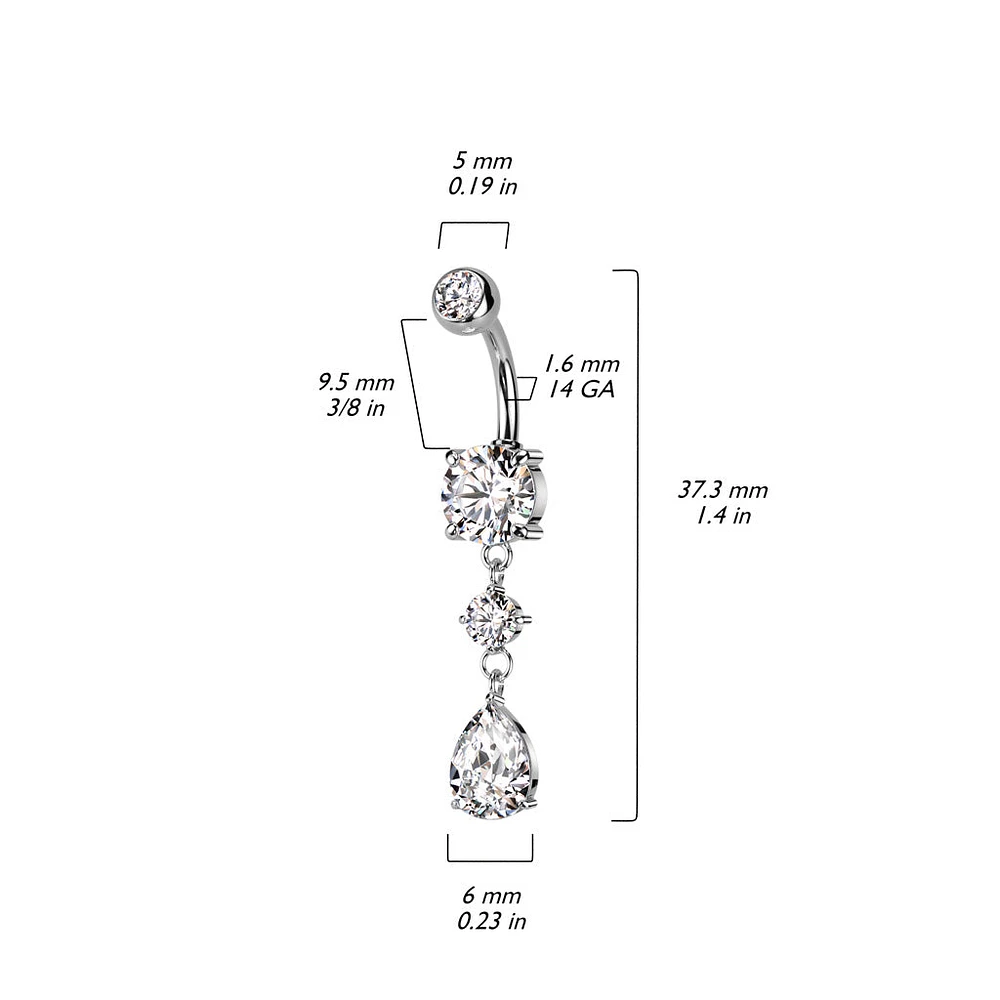 316L Surgical Steel White CZ Circle Teardrop Dangle Belly Ring