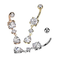 316L Surgical Steel Gold PVD White CZ Circle Teardrop Dangle Belly Ring