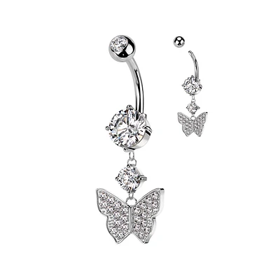 316L Surgical Steel White CZ Gem Butterfly Dangle Belly Ring