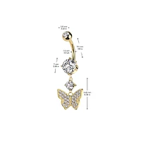316L Surgical Steel White CZ Gem Butterfly Dangle Belly Ring