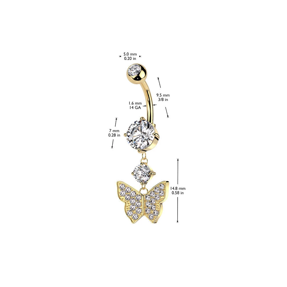 316L Surgical Steel Gold PVD White CZ Gem Butterfly Dangle Belly Ring