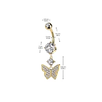 316L Surgical Steel Gold PVD White CZ Gem Butterfly Dangle Belly Ring