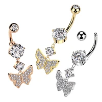 316L Surgical Steel Gold PVD White CZ Gem Butterfly Dangle Belly Ring