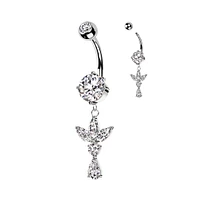 316L Surgical Steel White CZ Lotus With Teardrop Dangle Belly Ring