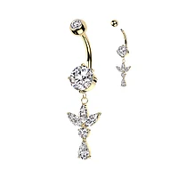 316L Surgical Steel Gold PVD White CZ Lotus With Teardrop Dangle Belly Ring