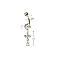 316L Surgical Steel Gold PVD White CZ Lotus With Teardrop Dangle Belly Ring