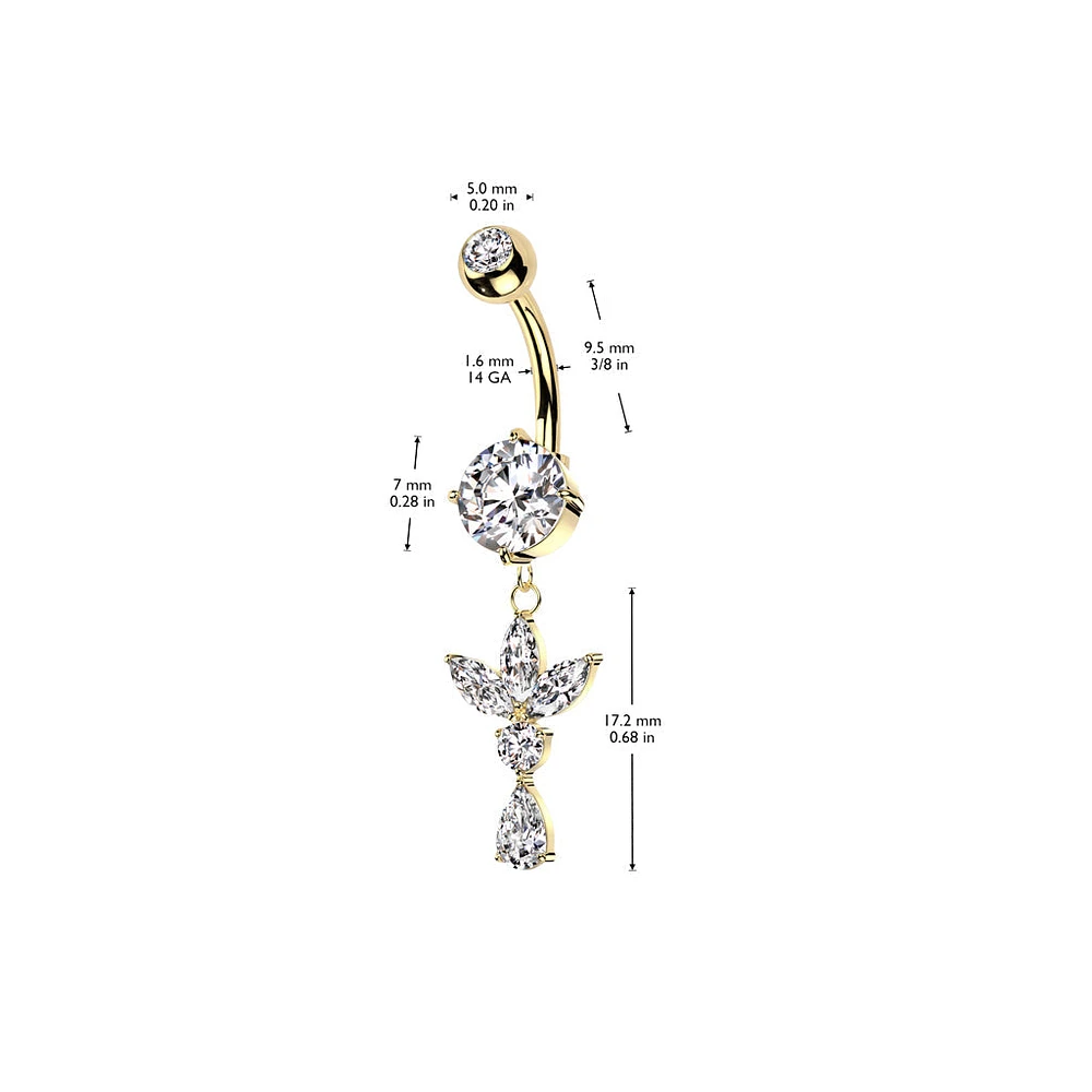 316L Surgical Steel White CZ Lotus With Teardrop Dangle Belly Ring