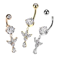 316L Surgical Steel White CZ Lotus With Teardrop Dangle Belly Ring