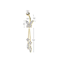 316L Surgical Steel White CZ Butterfly With Long Chain Marquise CZ Dangle Belly Ring