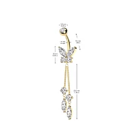 316L Surgical Steel Gold PVD White CZ Butterfly With Long Chain Marquise CZ Dangle Belly Ring