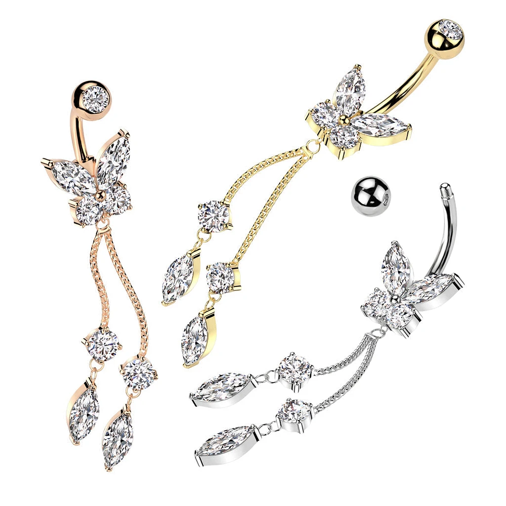 316L Surgical Steel Gold PVD White CZ Butterfly With Long Chain Marquise CZ Dangle Belly Ring