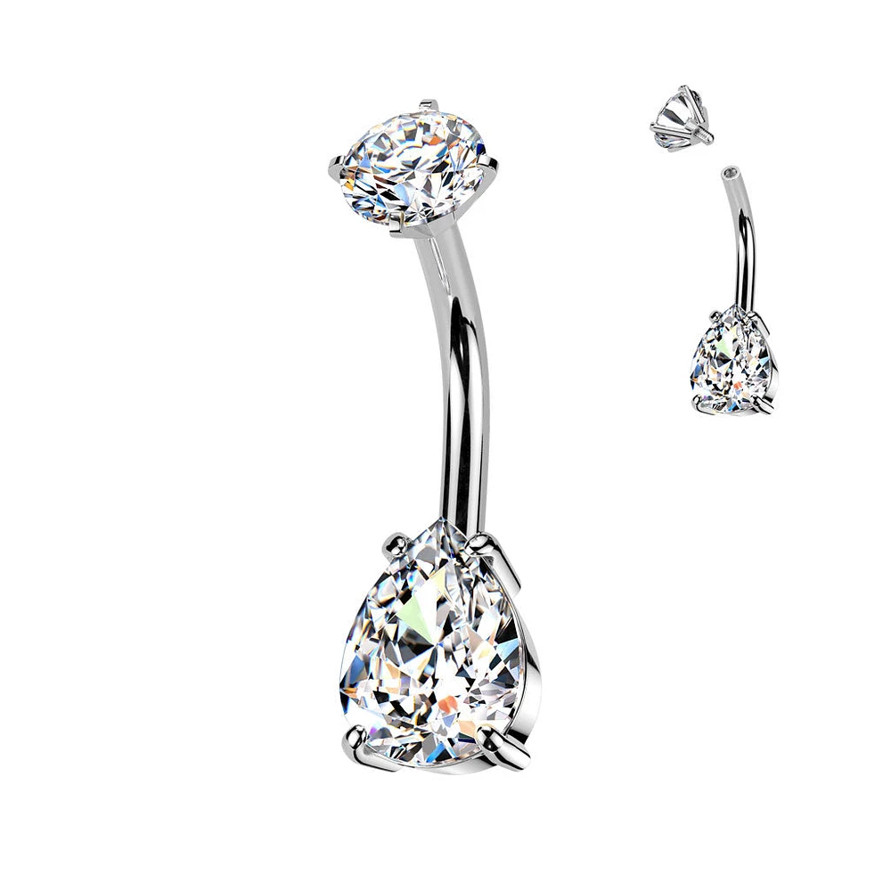 316L Surgical Steel White CZ Teardrop Internally Threaded Belly Ring