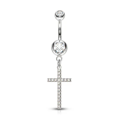 316L Surgical Steel White CZ Thin Cross Dangly Belly Ring