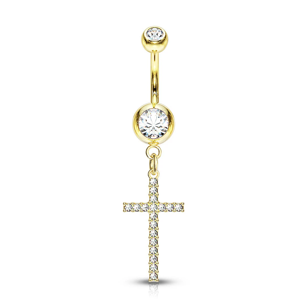 316L Surgical Steel Gold PVD White CZ Thin Cross Dangly Belly Ring