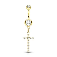 316L Surgical Steel Gold PVD White CZ Thin Cross Dangly Belly Ring