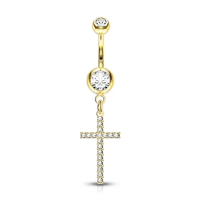 316L Surgical Steel Gold PVD White CZ Thin Cross Dangly Belly Ring