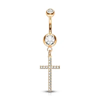 316L Surgical Steel Rose Gold PVD White CZ Thin Cross Dangly Belly Ring