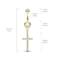 316L Surgical Steel White CZ Thin Cross Dangly Belly Ring