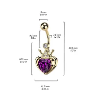 316L Surgical Steel Gold PVD Pink & White CZ Heart Crown Belly Ring