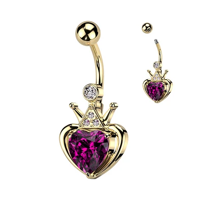 316L Surgical Steel Gold PVD Pink & White CZ Heart Crown Belly Ring