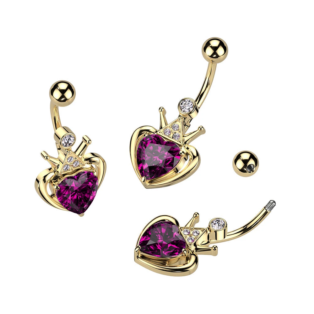 316L Surgical Steel Gold PVD Pink & White CZ Heart Crown Belly Ring