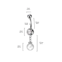 316L Surgical Steel White CZ Gem with Pearl Dangle Belly Ring