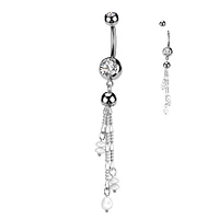 316L Surgical Steel White CZ & Pearl Long Dangly Belly Ring