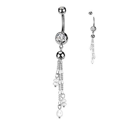 316L Surgical Steel White CZ & Pearl Long Dangly Belly Ring