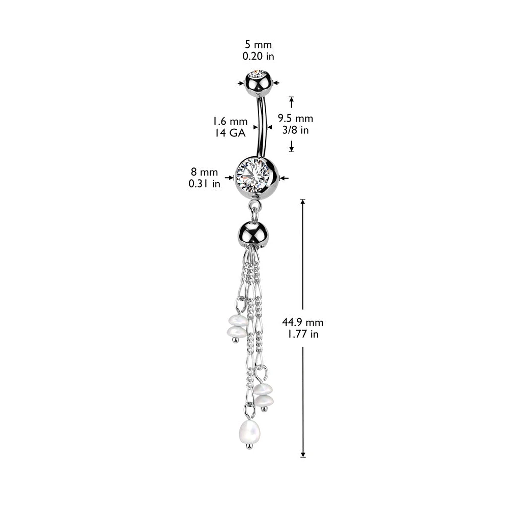 316L Surgical Steel White CZ & Pearl Long Dangly Belly Ring