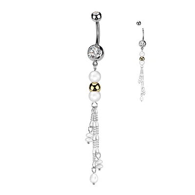 316L Surgical Steel White Pearl Gold Bead Dangly Belly Ring