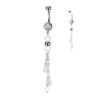 316L Surgical Steel White Pearl Gold Bead Dangly Belly Ring