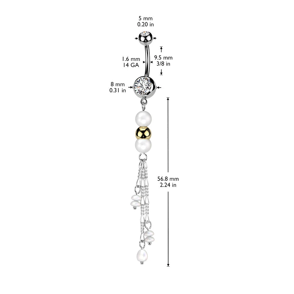 316L Surgical Steel White Pearl Gold Bead Dangly Belly Ring