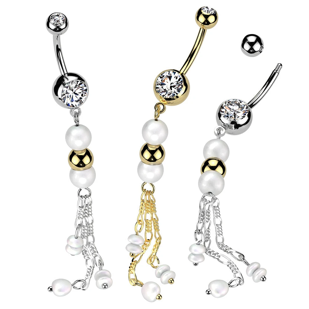 316L Surgical Steel White Pearl Gold Bead Dangly Belly Ring