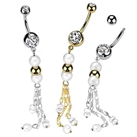 316L Surgical Steel White Pearl Gold Bead Dangly Belly Ring