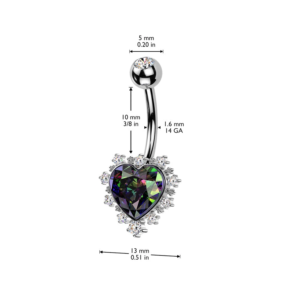 316L Surgical Steel White CZ & Vitrail Medium Heart Non Dangle Belly Ring