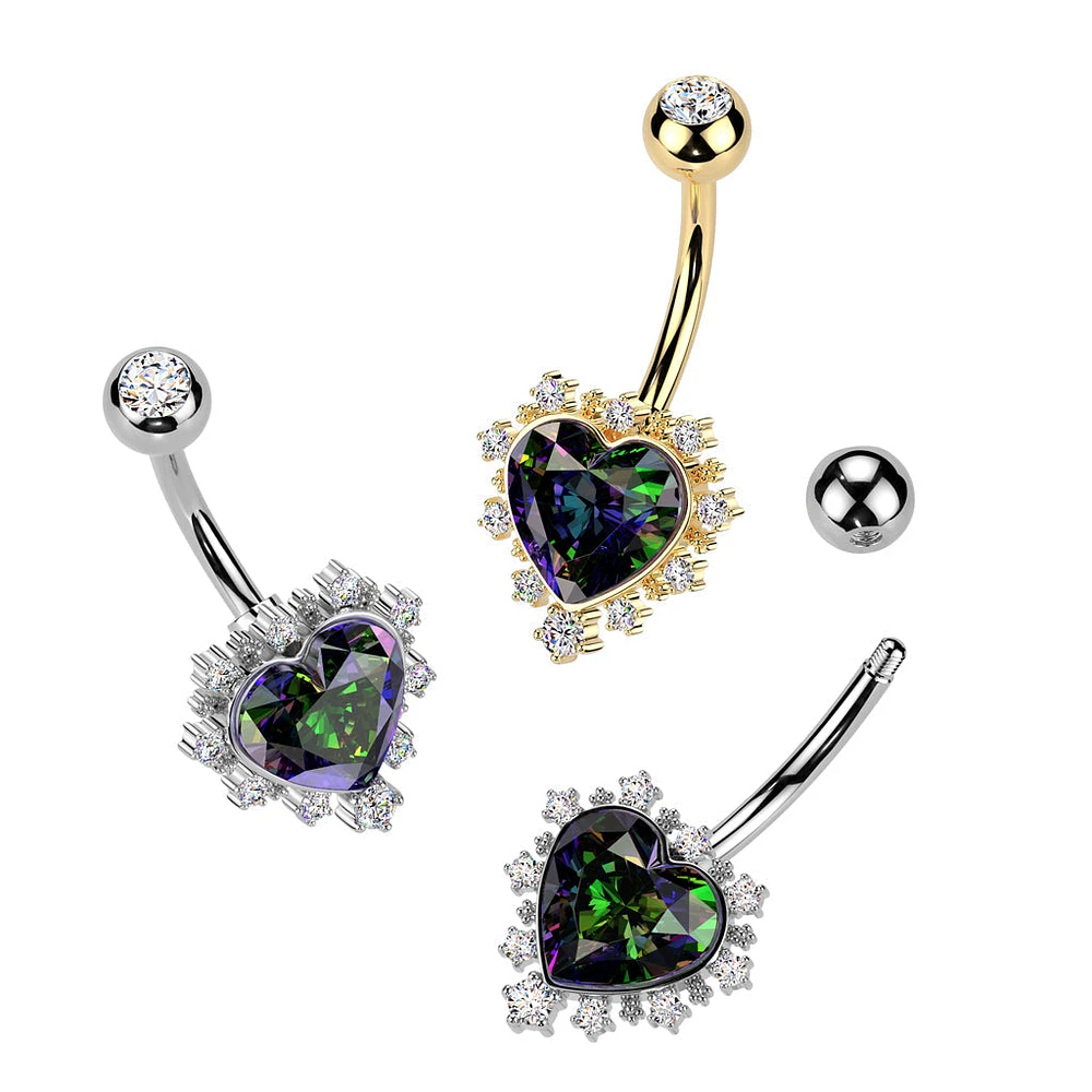 316L Surgical Steel White CZ & Vitrail Medium Heart Non Dangle Belly Ring